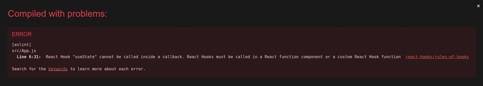 React Hook "useState" cannot be called inside a callback. React Hooks must be called in a React function component or a custom React Hook function react-hooks/rules-of-hooks
